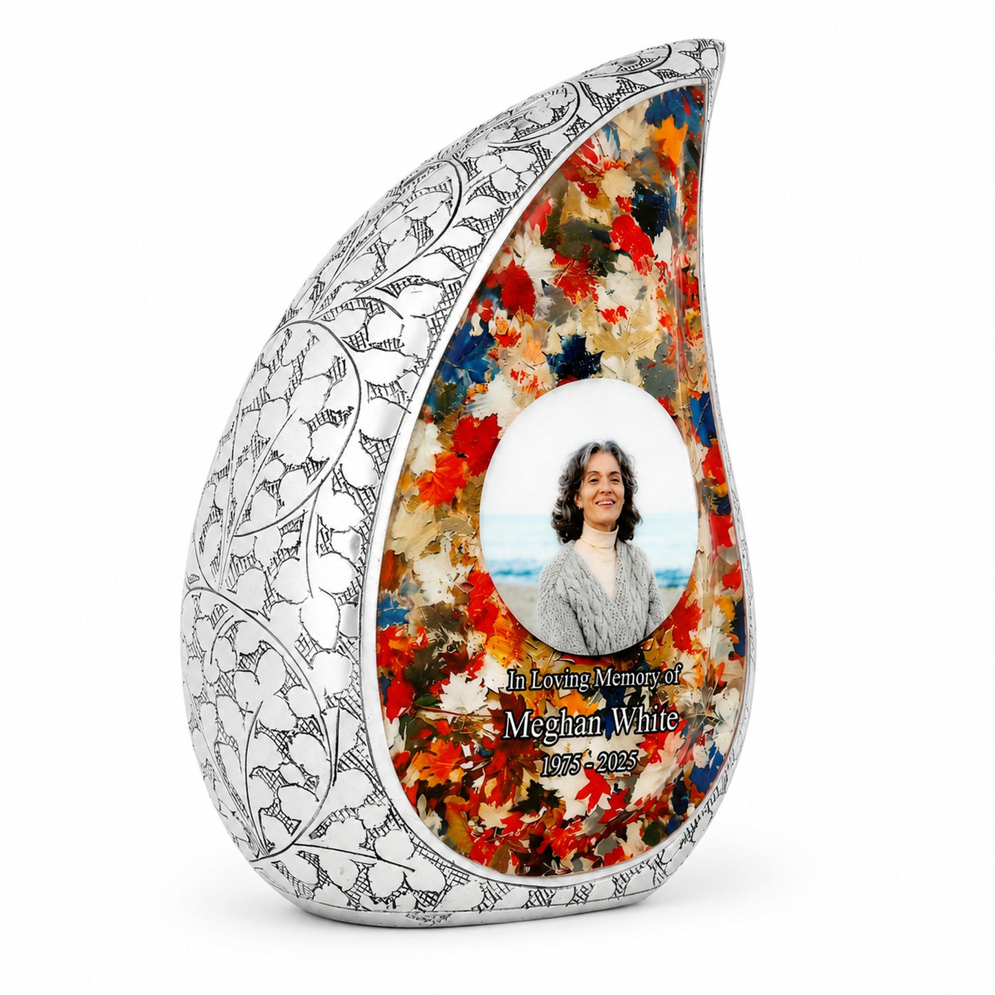 Silver Autumn Leaves Teardrop Cremation Urn