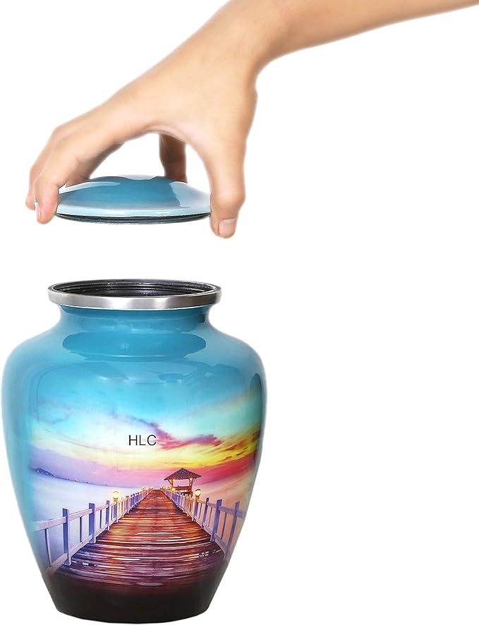 Premium Memorial Urn – Peaceful Ocean Sunset Pier Design for Human Ashes