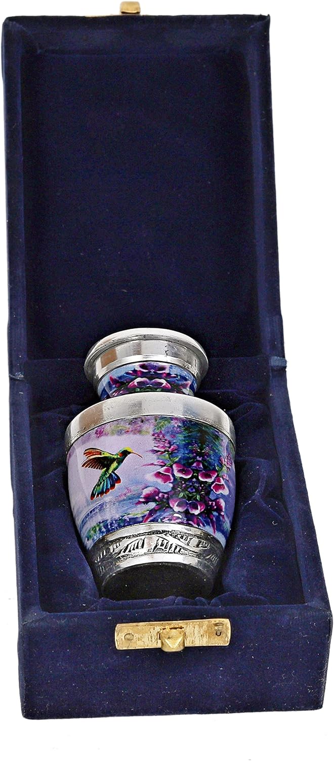 Handcrafted Hummingbird Cremation Urn — Small Keepsake Urn with Elegant Velvet Pouch