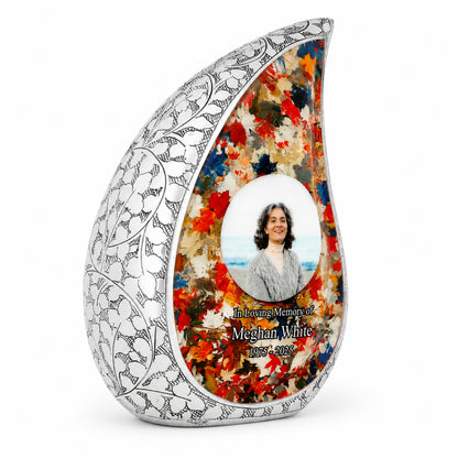 Silver Autumn Leaves Teardrop Cremation Urn