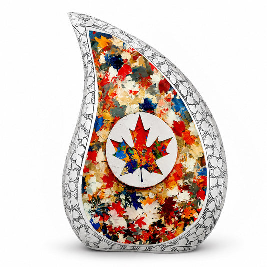 Silver Autumn Leaves Teardrop Cremation Urn