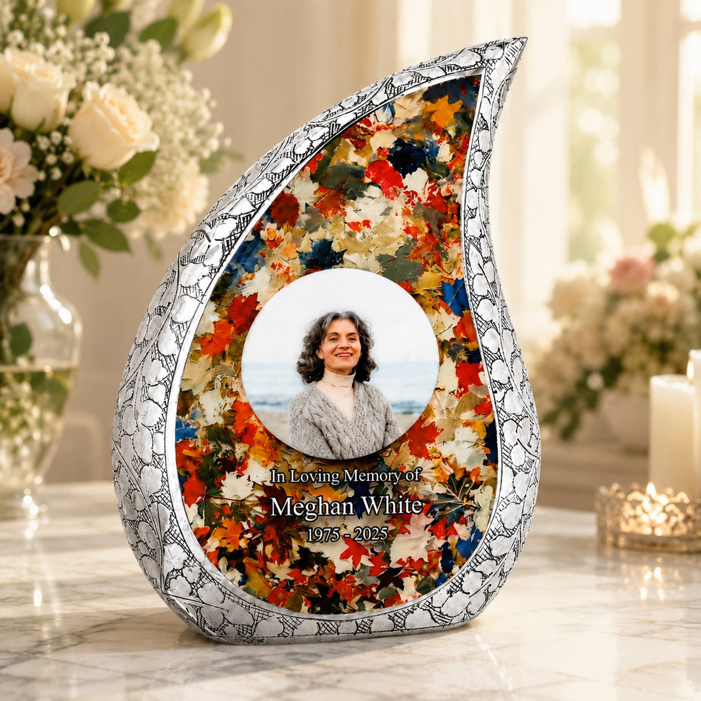 Silver Autumn Leaves Teardrop Cremation Urn