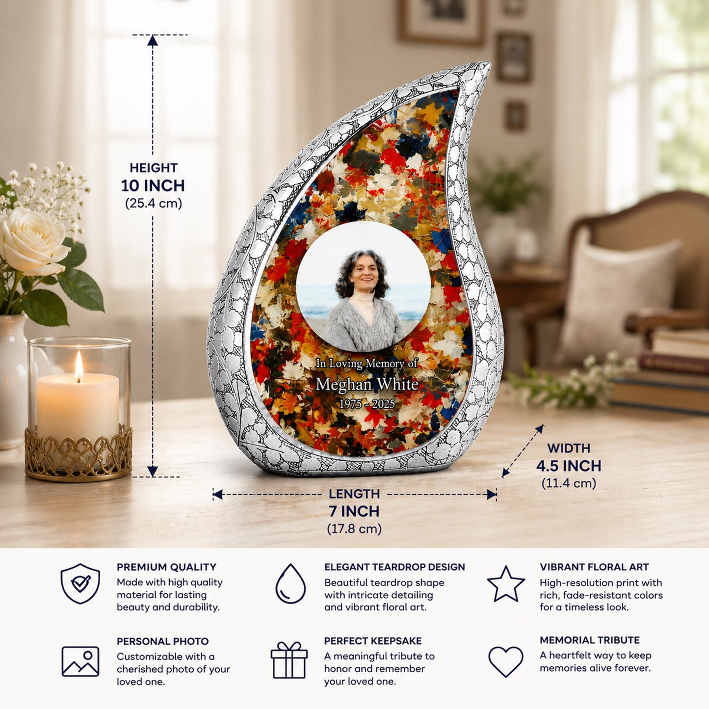 Silver Autumn Leaves Teardrop Cremation Urn