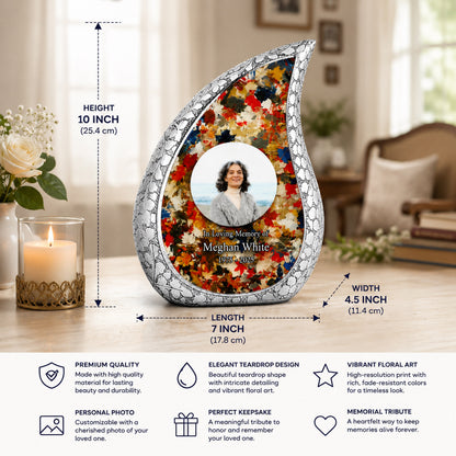 Silver Autumn Leaves Teardrop Cremation Urn