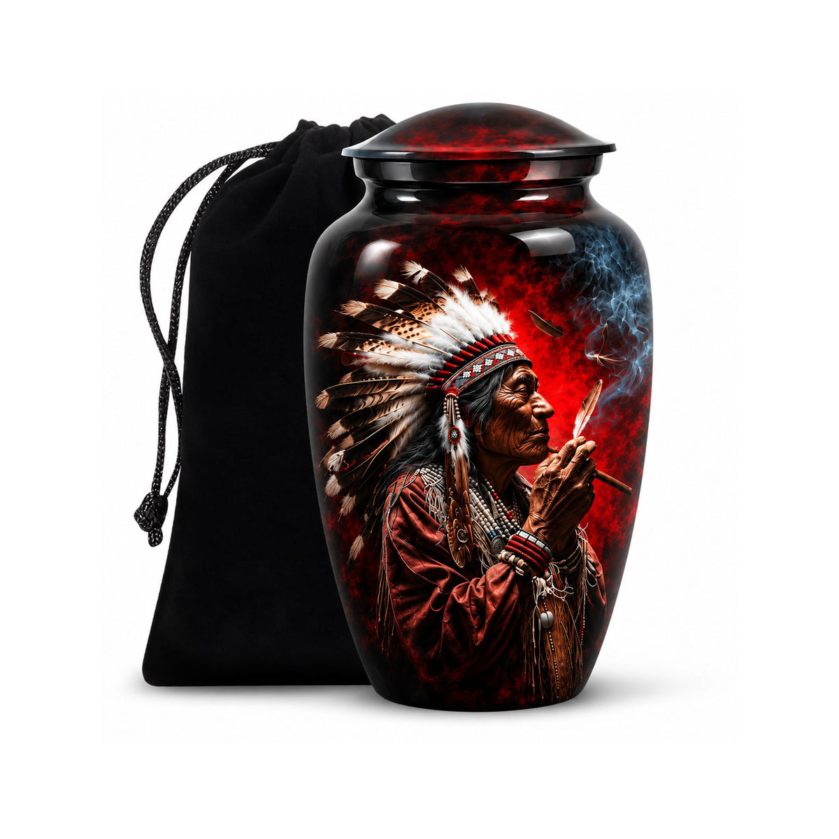 Native American Elder Feather Headdress Red Smoke Cremation Urn