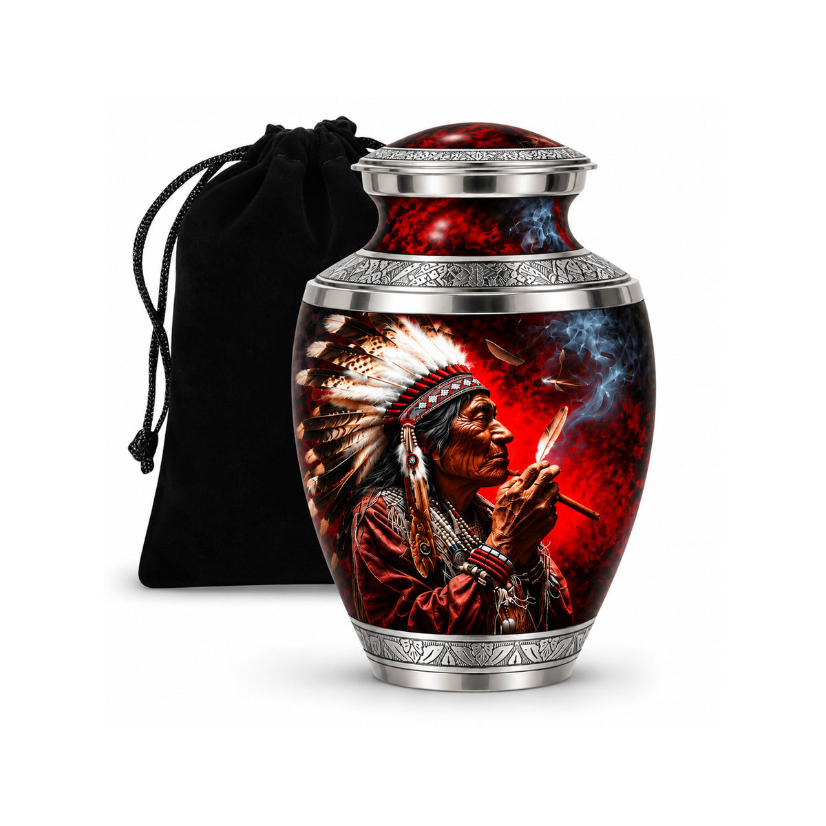 Native American Elder Feather Headdress Red Smoke Cremation Urn