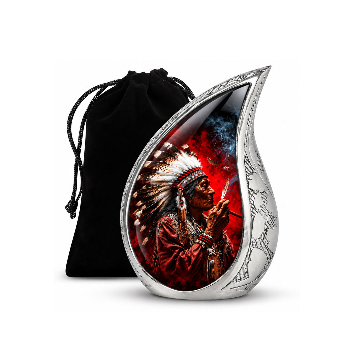 Native American Elder Feather Headdress Red Smoke Cremation Urn