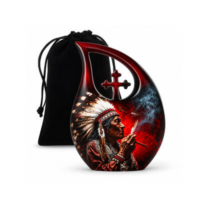 Native American Elder Feather Headdress Red Smoke Cremation Urn