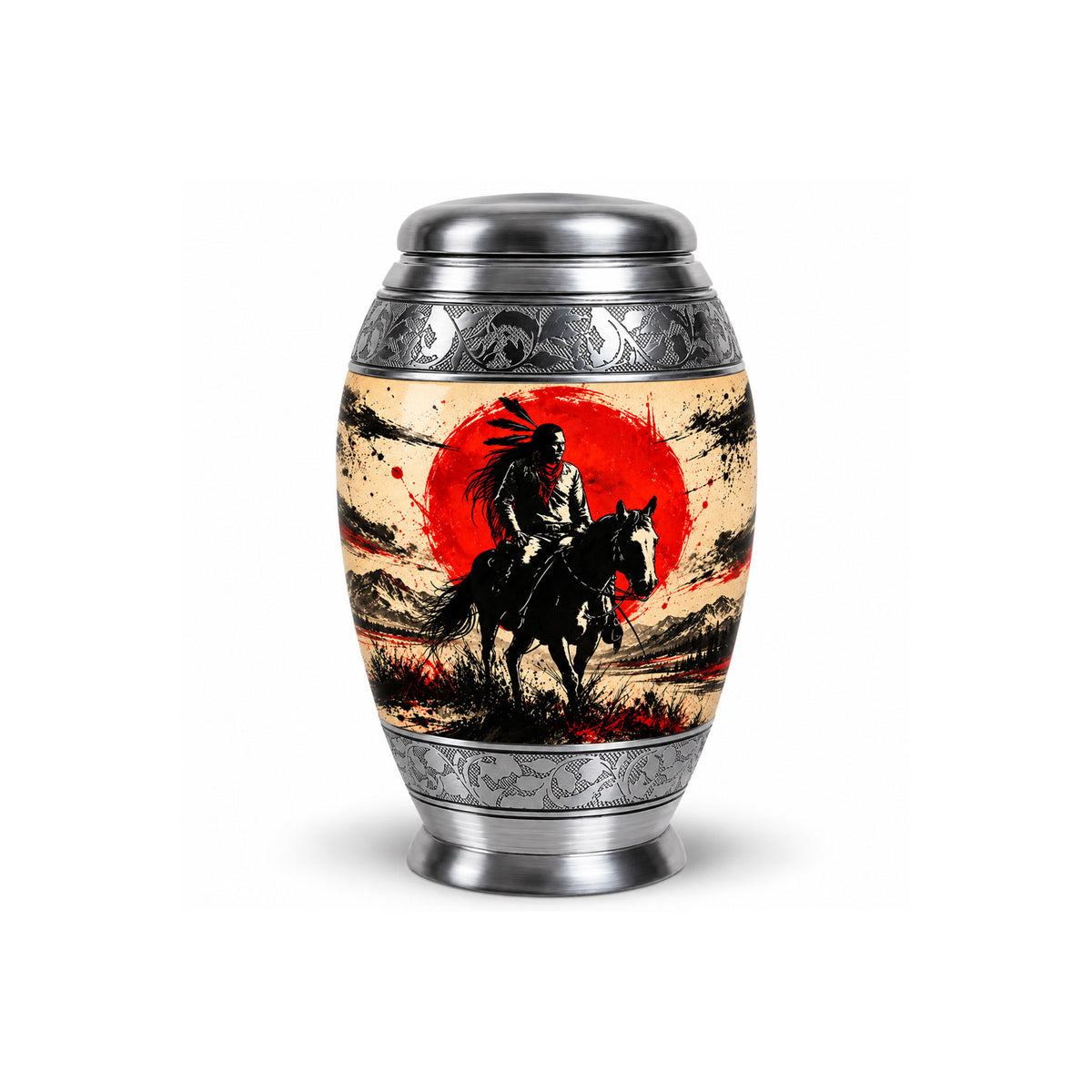 American Horseback Rider Red Sun Cremation Urn for Ashes