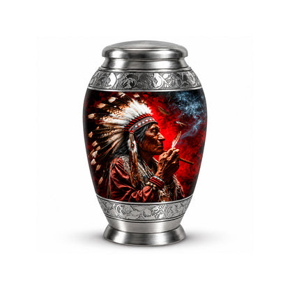 Native American Elder Feather Headdress Red Smoke Cremation Urn