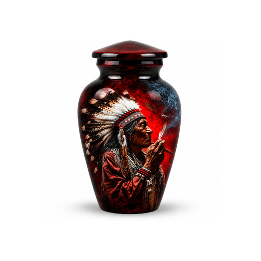Native American Elder Feather Headdress Red Smoke Cremation Urn