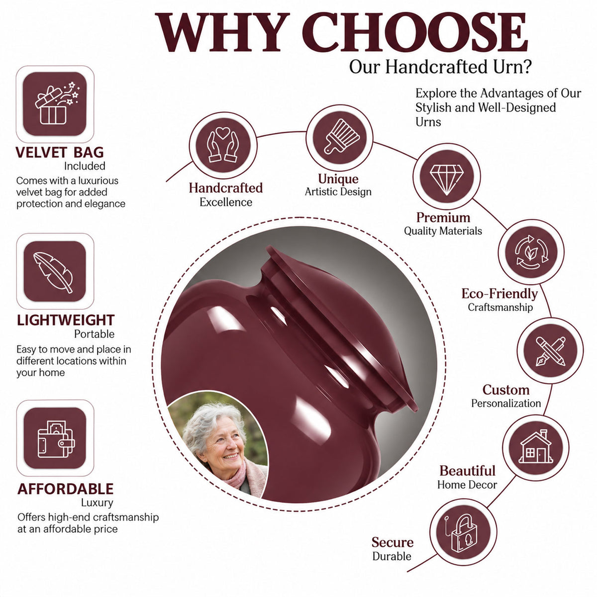 Custom Cremation Urn – Classic Burgundy Urn for Human Ashes