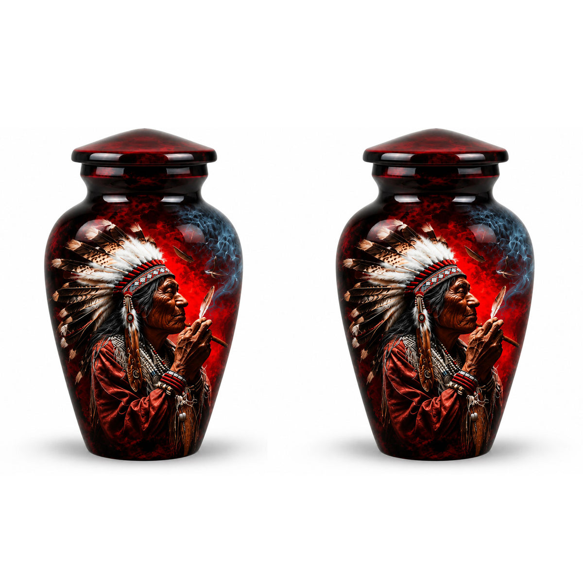 Native American Elder Feather Headdress Red Smoke Cremation Urn