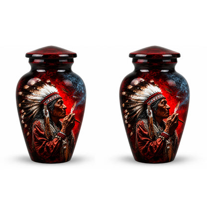 Native American Elder Feather Headdress Red Smoke Cremation Urn