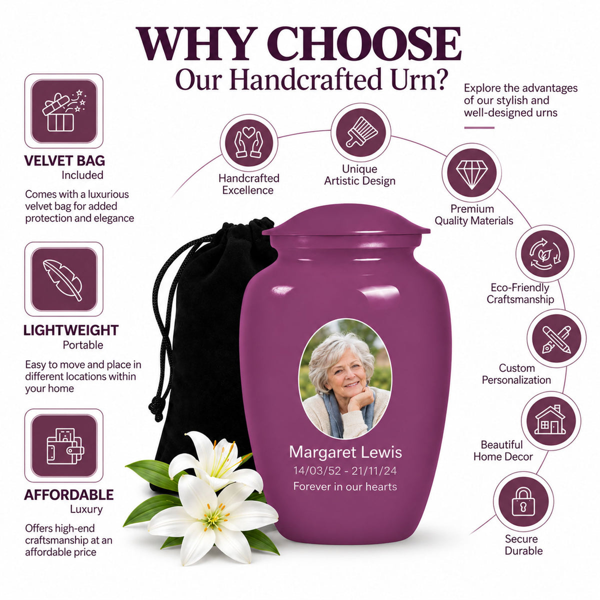 Personalized Cremation Urn – Classic Purple Urn for Ashes
