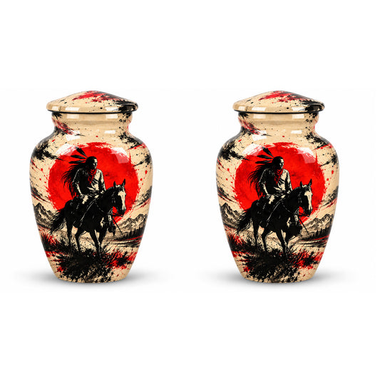 American Horseback Rider Red Sun Cremation Urn for Ashes