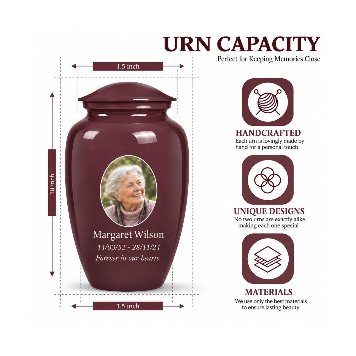 Custom Cremation Urn – Classic Burgundy Urn for Human Ashes