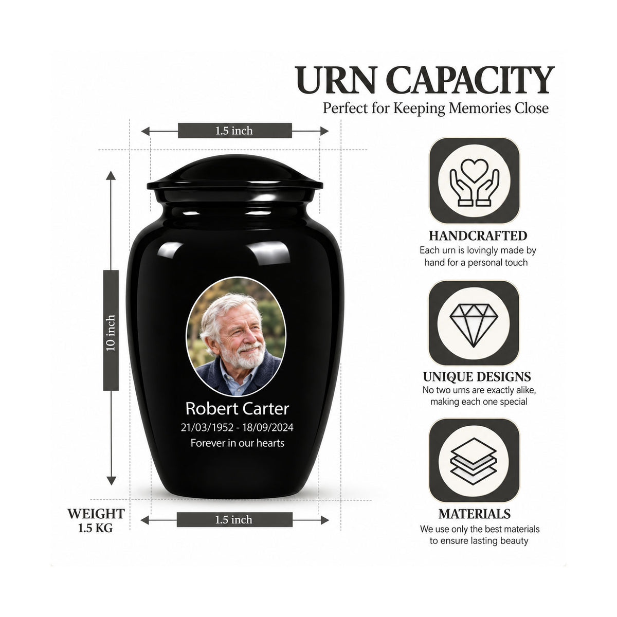 Custom Cremation Urn – Classic Black Urn for Human Ashes