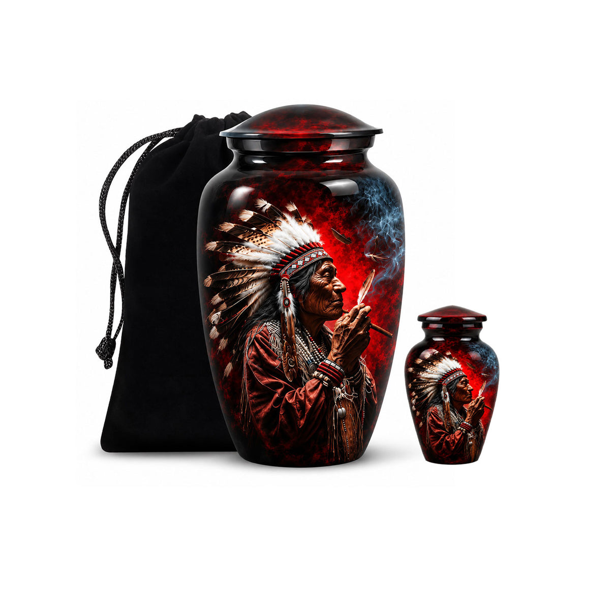Native American Elder Feather Headdress Red Smoke Cremation Urn