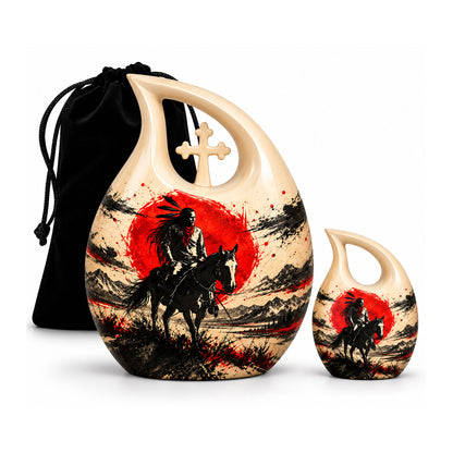 American Horseback Rider Red Sun Cremation Urn for Ashes