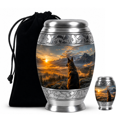 Mountain Sunset View Wolf Cremation Urn