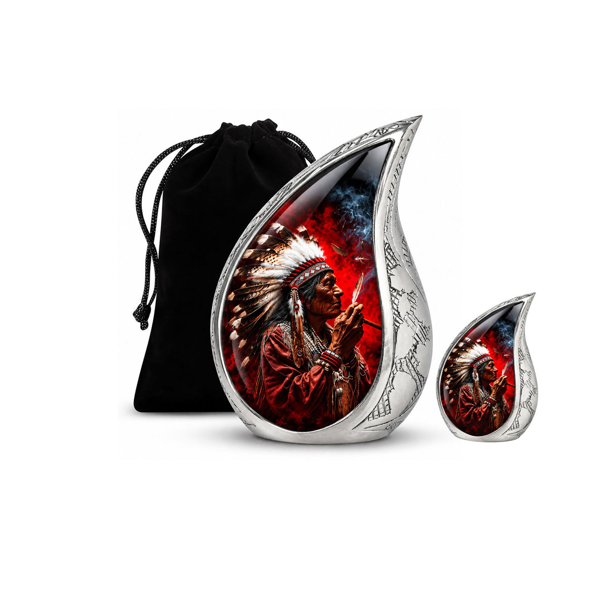 Native American Elder Feather Headdress Red Smoke Cremation Urn