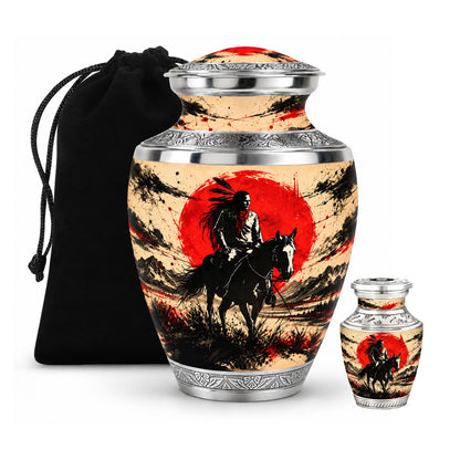 American Horseback Rider Red Sun Cremation Urn for Ashes