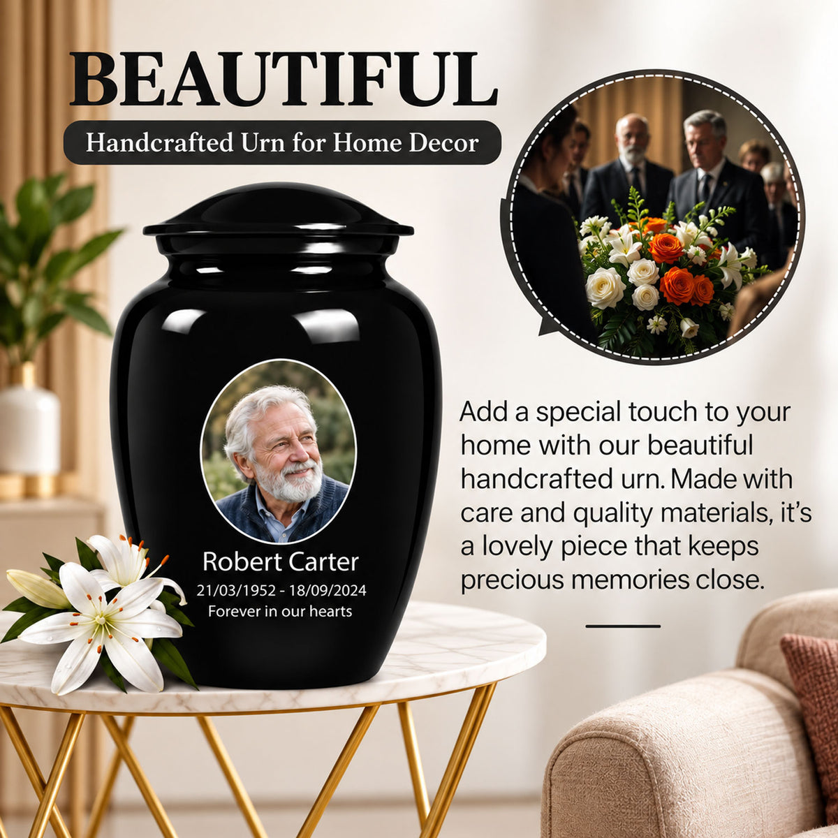 Custom Cremation Urn – Classic Black Urn for Human Ashes