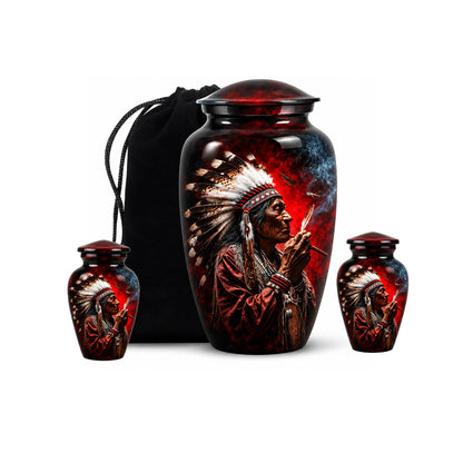 Native American Elder Feather Headdress Red Smoke Cremation Urn