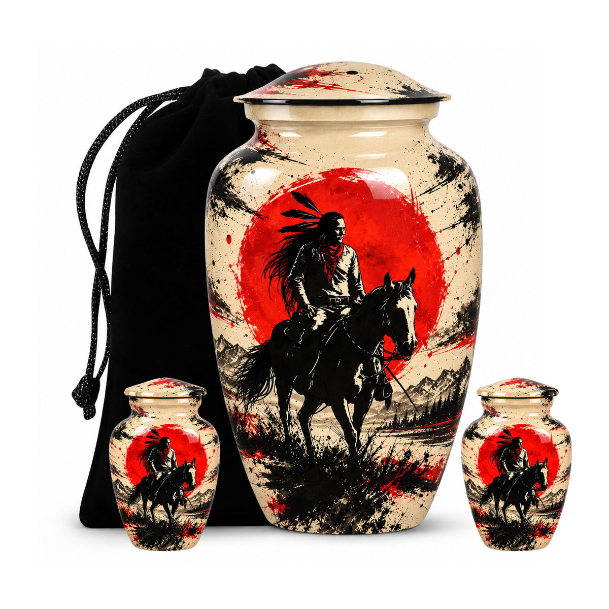 American Horseback Rider Red Sun Cremation Urn for Ashes