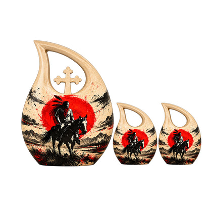 American Horseback Rider Red Sun Cremation Urn for Ashes