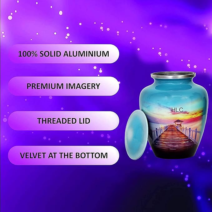 Premium Memorial Urn – Peaceful Ocean Sunset Pier Design for Human Ashes