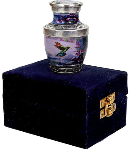 Handcrafted Hummingbird Cremation Urn — Small Keepsake Urn with Elegant Velvet Pouch