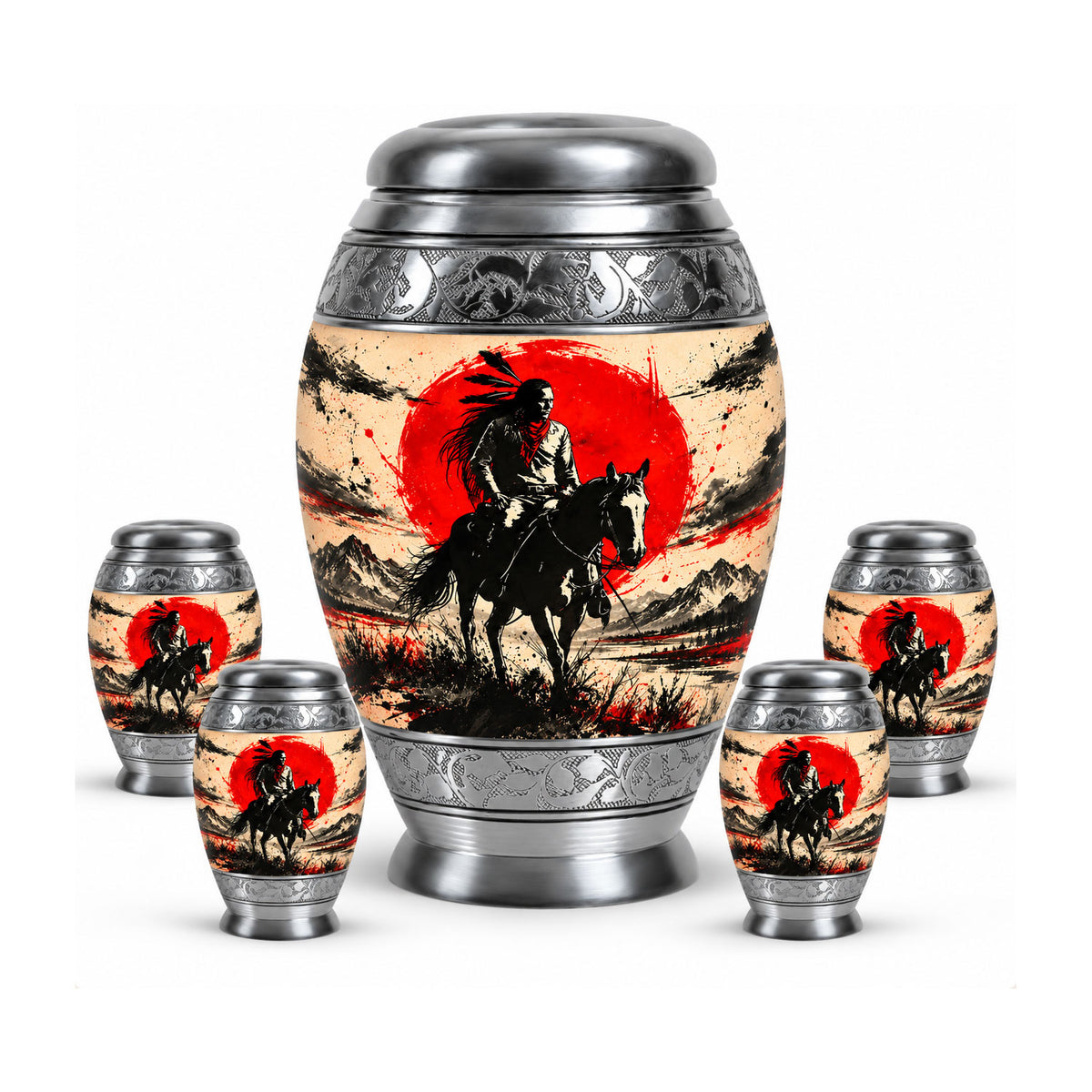 American Horseback Rider Red Sun Cremation Urn for Ashes