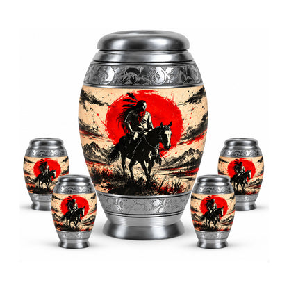 American Horseback Rider Red Sun Cremation Urn for Ashes
