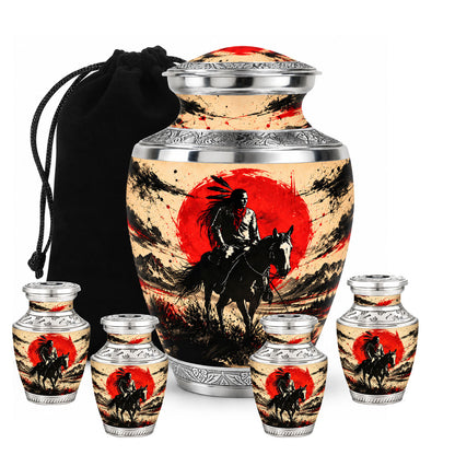 American Horseback Rider Red Sun Cremation Urn for Ashes