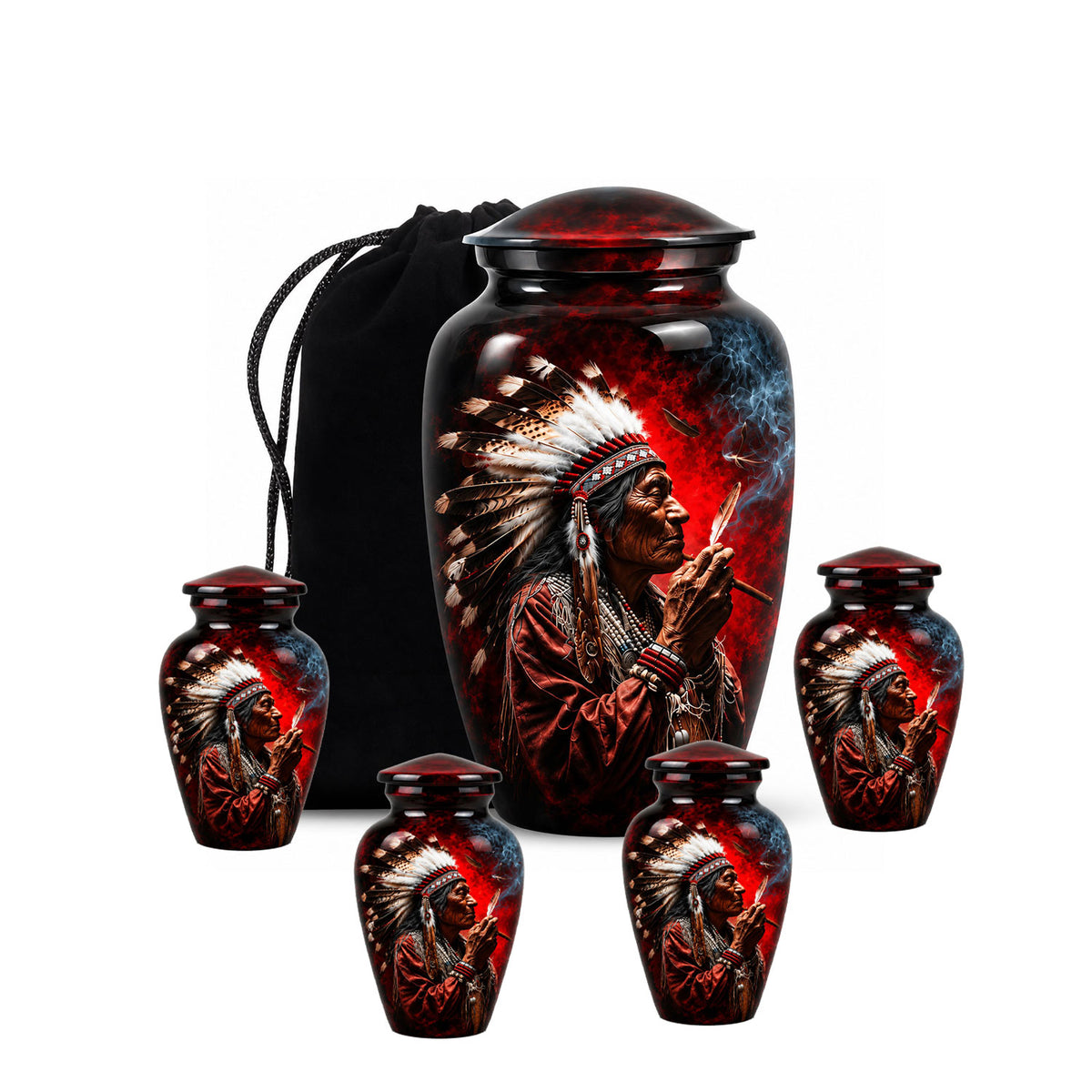 Native American Elder Feather Headdress Red Smoke Cremation Urn