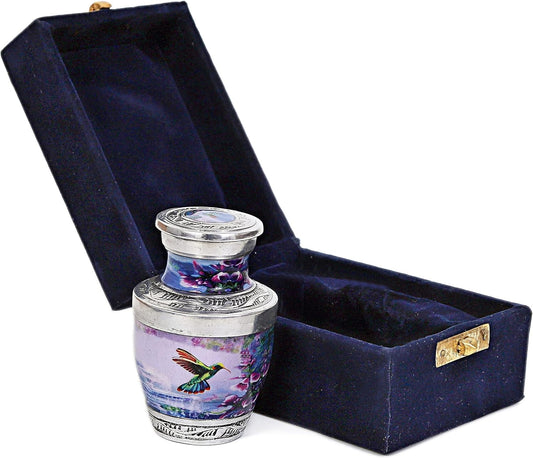 Handcrafted Hummingbird Cremation Urn — Small Keepsake Urn with Elegant Velvet Pouch