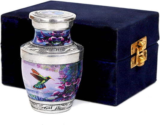 Handcrafted Hummingbird Cremation Urn — Small Keepsake Urn with Elegant Velvet Pouch