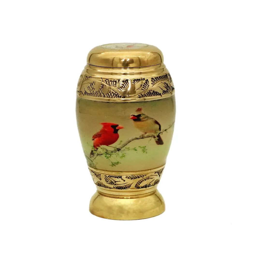 Small Keepsake Two Bird Design Cremation Urn With Golden Finish