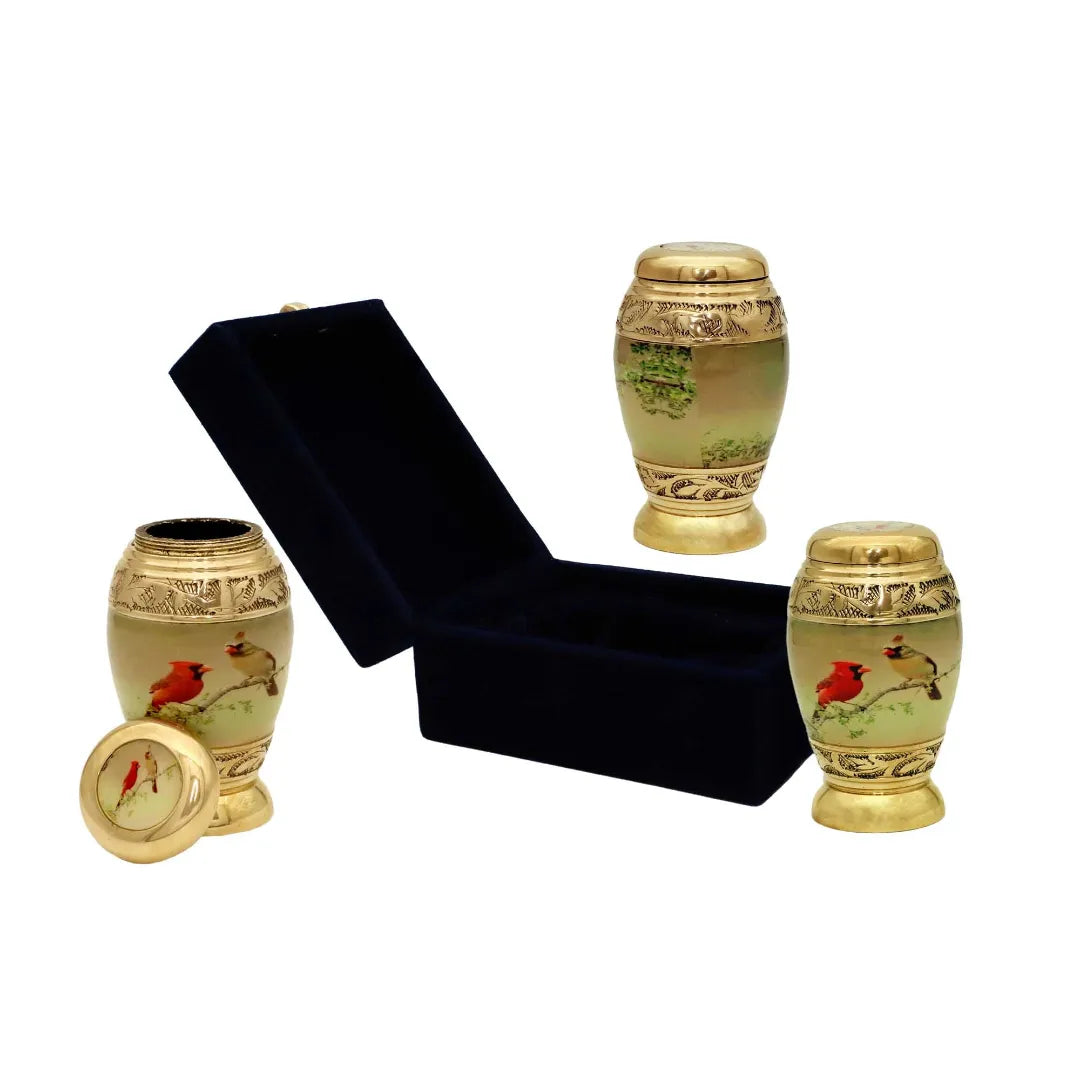 Small Keepsake Two Bird Design Cremation Urn With Golden Finish