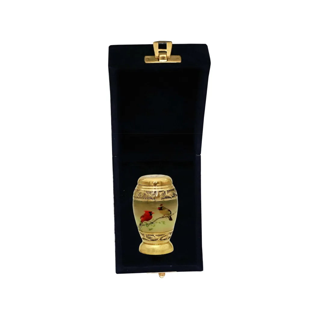 Small Keepsake Two Bird Design Cremation Urn With Golden Finish