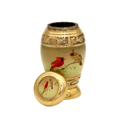 Small Keepsake Two Bird Design Cremation Urn With Golden Finish