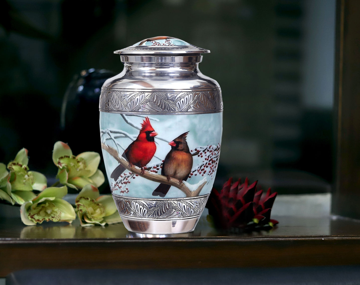 Elegant Cardinal Bird Urn – Handcrafted Metal Funeral Urn for Loved Ones