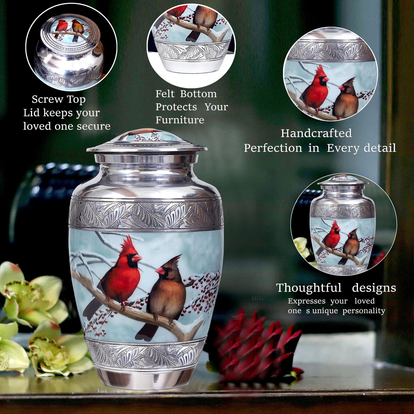 Elegant Cardinal Bird Urn – Handcrafted Metal Funeral Urn for Loved Ones