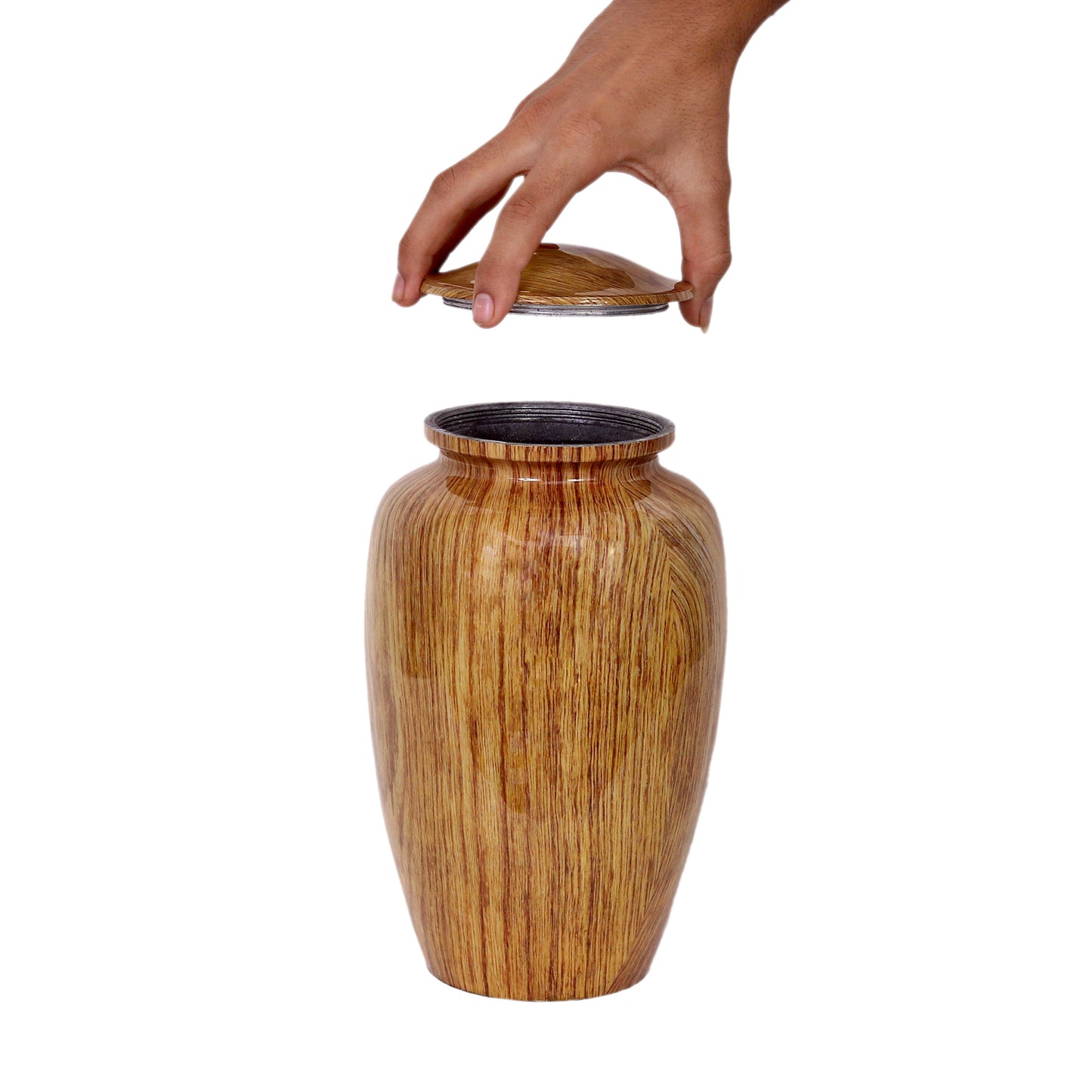 Wooden finish aluminium urn