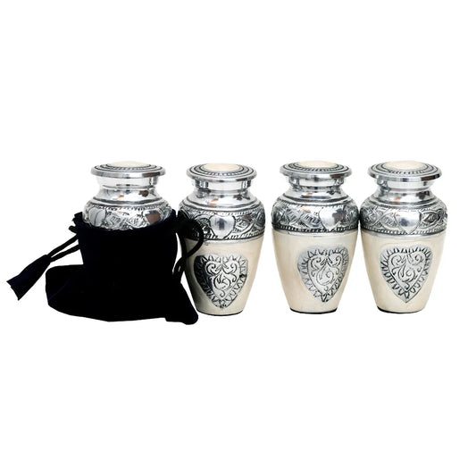 Silver Heart Adult Cremation Keepsake Urn for Ashes Set of 4