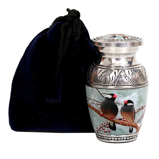 Small Keepsake Two Bird Design Cremation Urn With Silver Finish